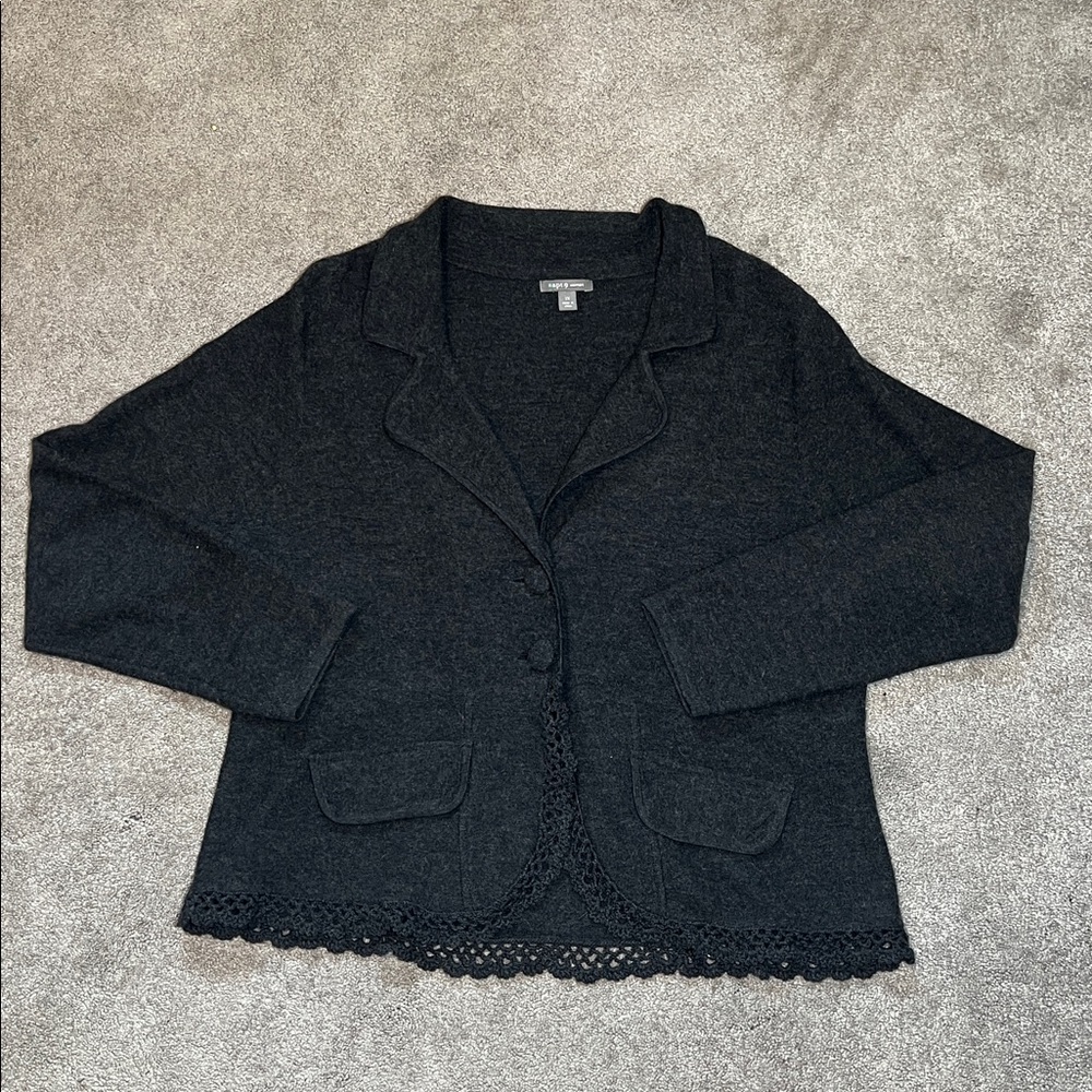 Apt. 9 100% Wool Cardigan Jacket Crochet Hem Dark Grey size 1X